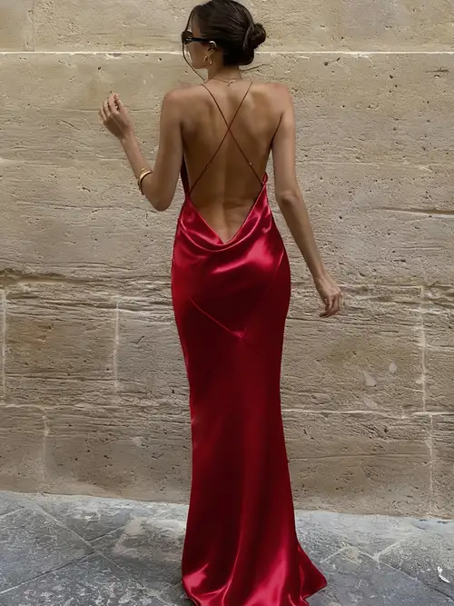 red silk dress backless Wine Red Satin Backless Cutout Mermaid Maxi Dress