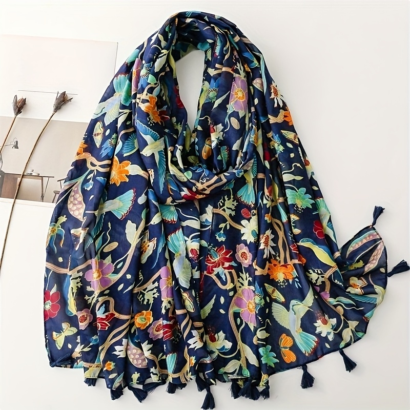 Spring/summer Bohemian Multicolored Bird And Flower Fringe Photoshoot Beach Shawl Scarf, Versatile Use
