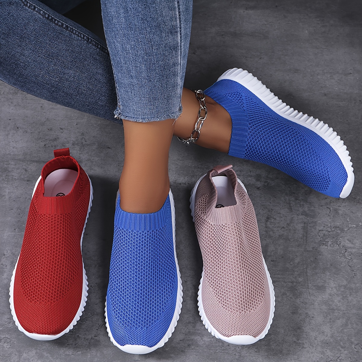 

Women's Solid Color Sock Sneakers, Breathable Knitted Slip On Walking Trainers, Casual Lightweight Sports Shoes