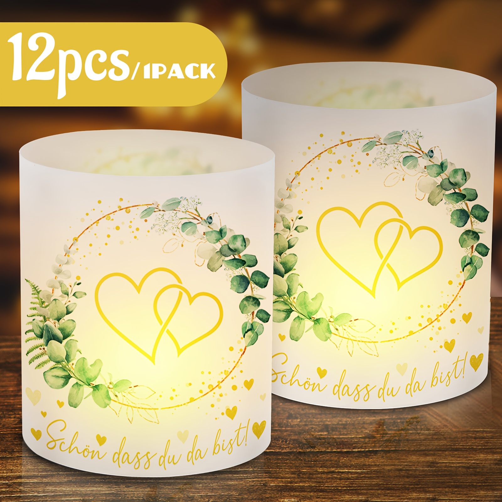 E-shop 12 Stück Liebesmuster Hochzeit und Jahrestag Laterne Tischdekorationen | Elegantes Liebes Eukalyptus Blumenkranz Design Teelampenständer,