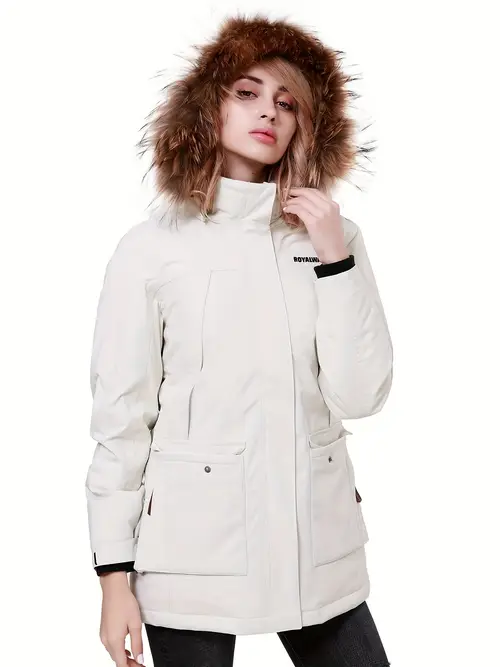 여성용 우아한 중간 길이 다운 자켓, 인조 모피 후드, , 직조 폴리에스터 쉘, 흰색 오리 다운填充, 단색, 지퍼 디테일, 겨울 외투용