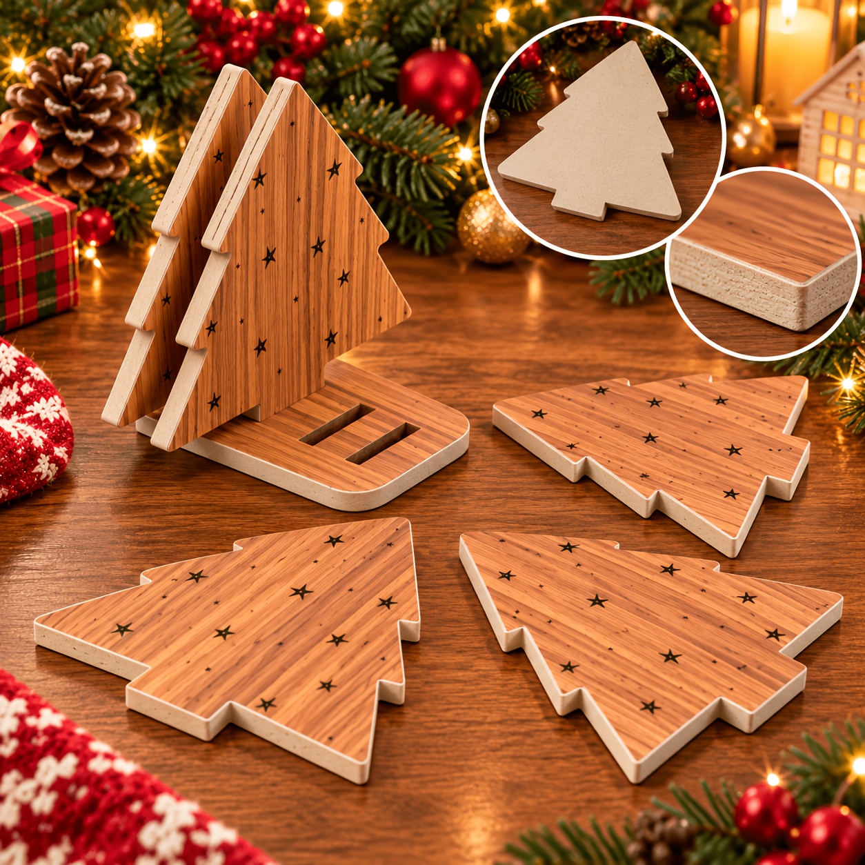 TEMU 5pcs Christmas Tree Wooden Coaster Set, 4 Drink Coasters With Storage Holder, Red Golden And Natural Wood Heat-resistant Cup Mats, Space-saving