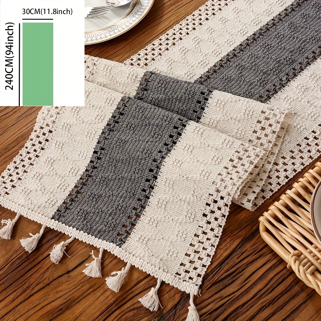 TEMU 1 bannière de lit à rayures grises exquises, avec décoration de pompons, largeur 30 cm, décoration toutes saisons, décoration de chambre