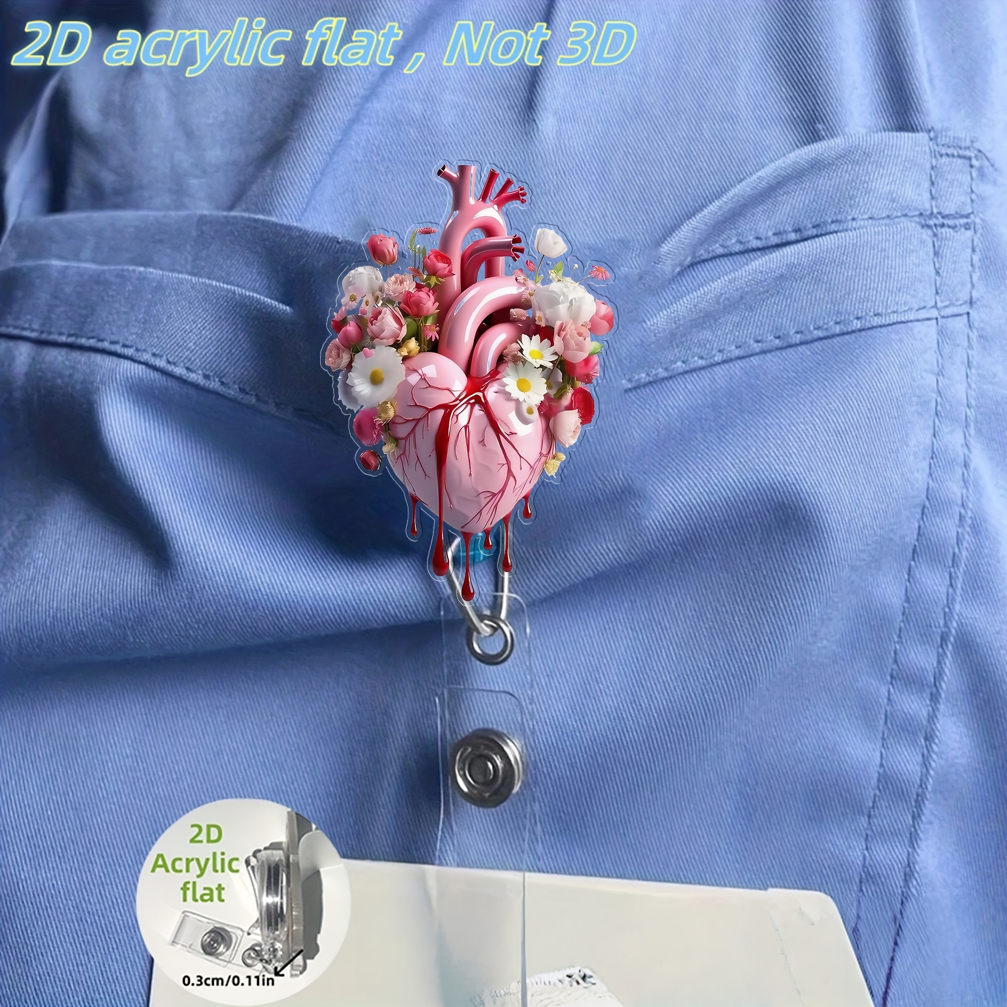 TEMU Porte-badge cœur plat 2D en acrylique - Enrouleur de badge rétractable, étiquettes durables pour étudiants en médecine et infirmiers - Fabriqué