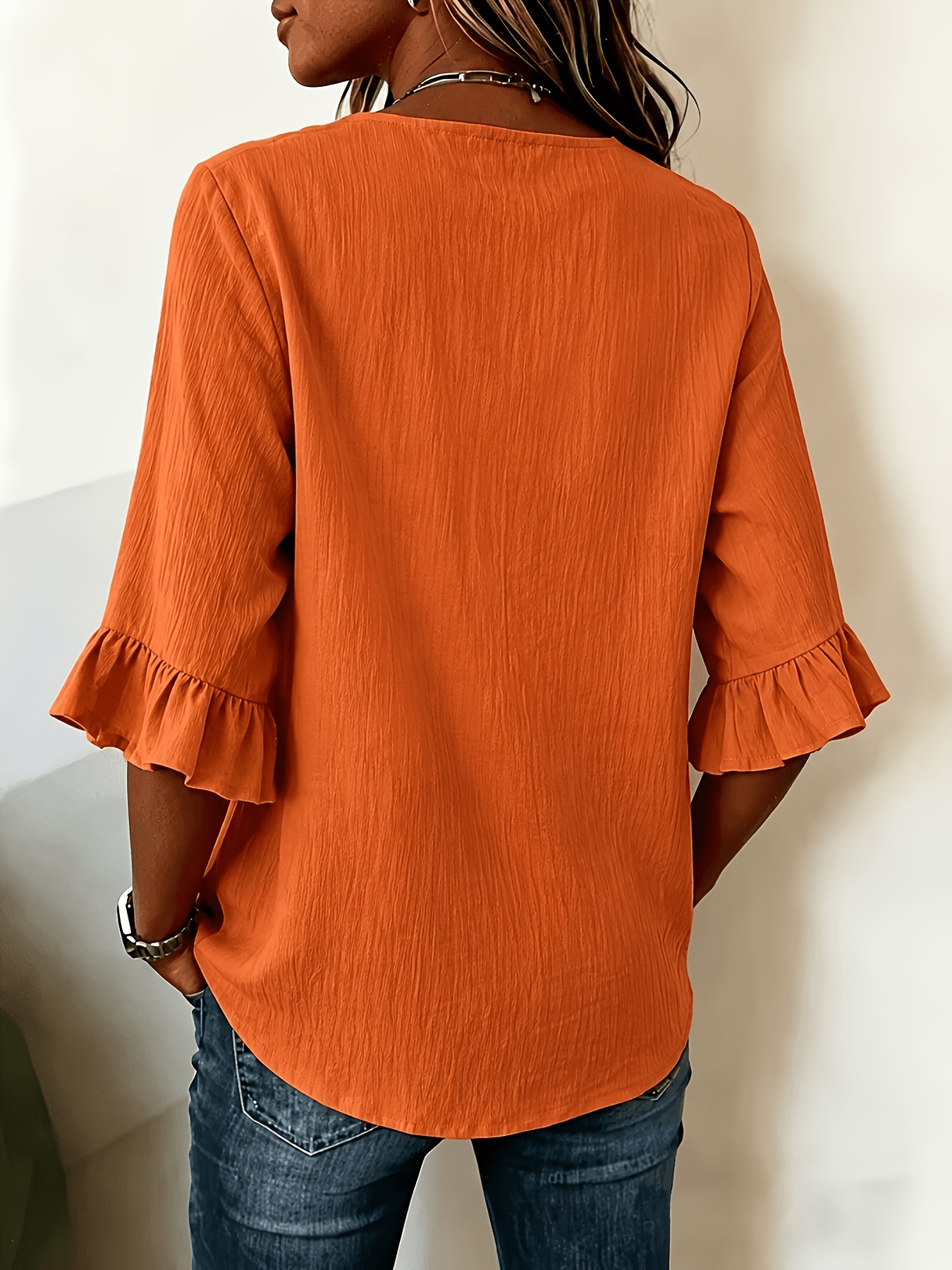 womens casual v neck top with three   buttons ruffle sleeves versatile commuter shirt loose fit casual blouse