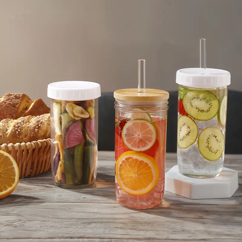 4pcs mason jar drink cups with 4 bamboo lids straws and plastic lids reusable cute iced coffee cup bubble smoothie juice jug Product details 2