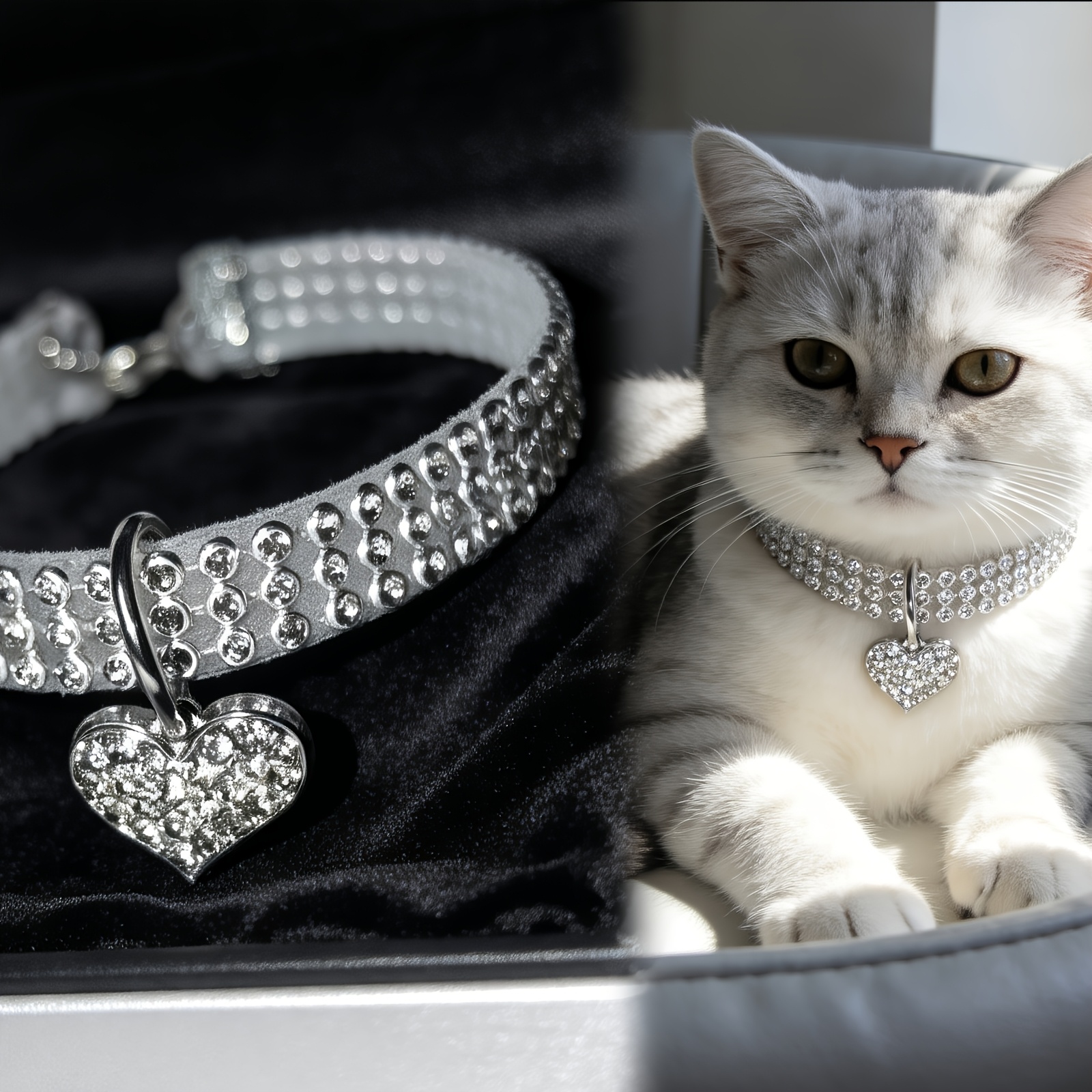 TEMU [full Heart Cat Collar] Full Chain Body And Full Heart Pendant, Adjustable Length Suitable For British Shorthair, American Shorthair, Etc., Cold And Shimmering Non-constricting
