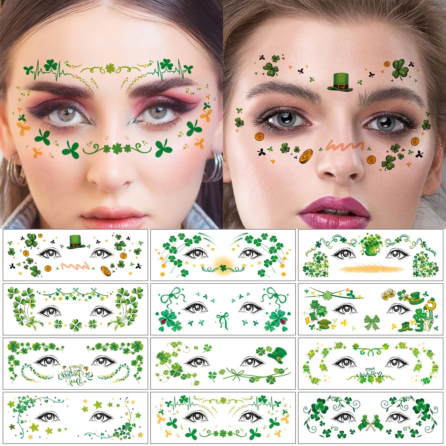 Image of 12 's Day Face Temporary Tattoos | Clover, Green Hat, Rainbow Balloon, Coin Festival Decoration Patterns, Art Makeup Fake Tattoos, Made Of Paper