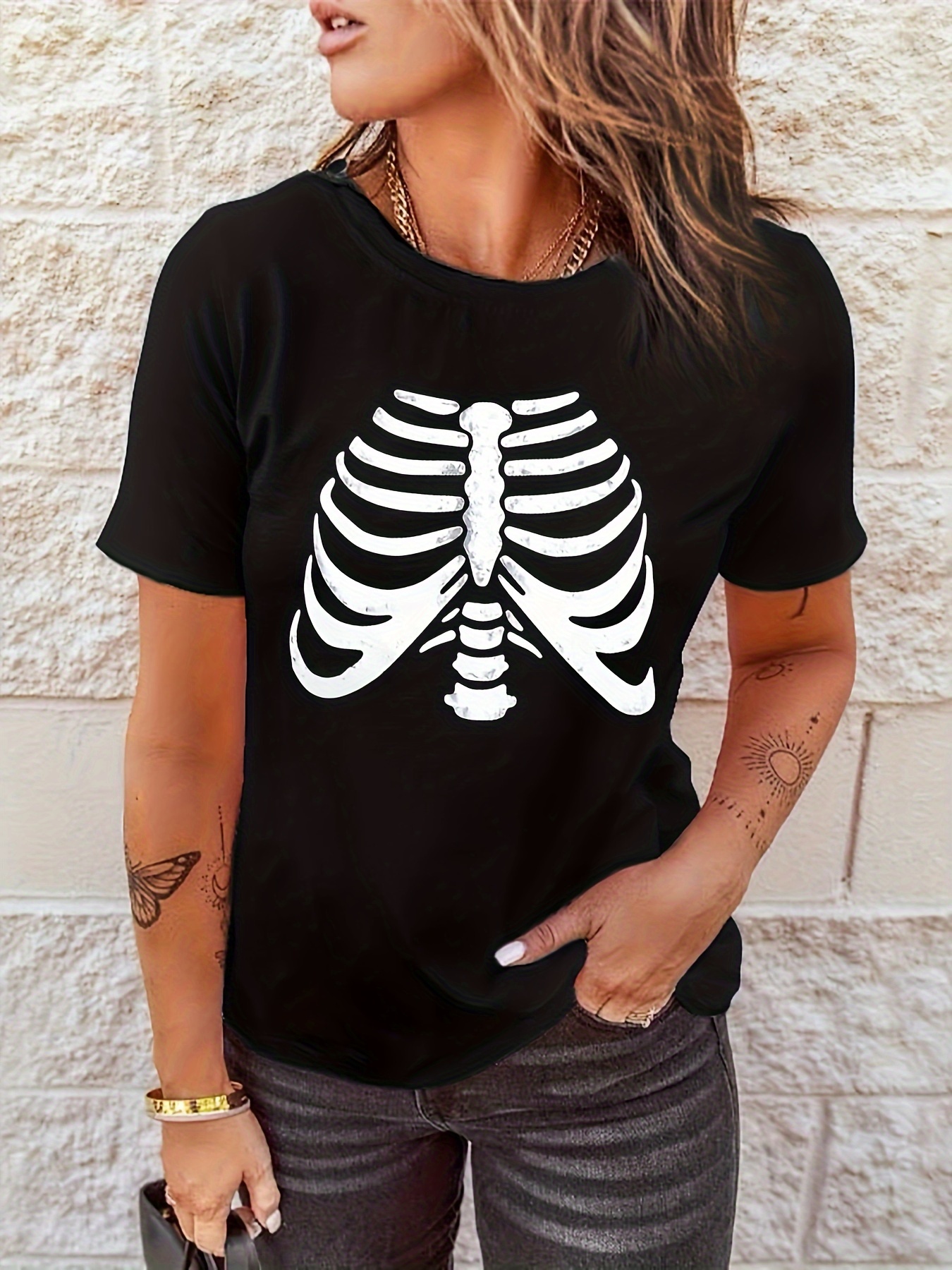 Skeleton T Shirt Round Neck Short Sleeves Stretchy Sports Tee Halloween Women s Comfy