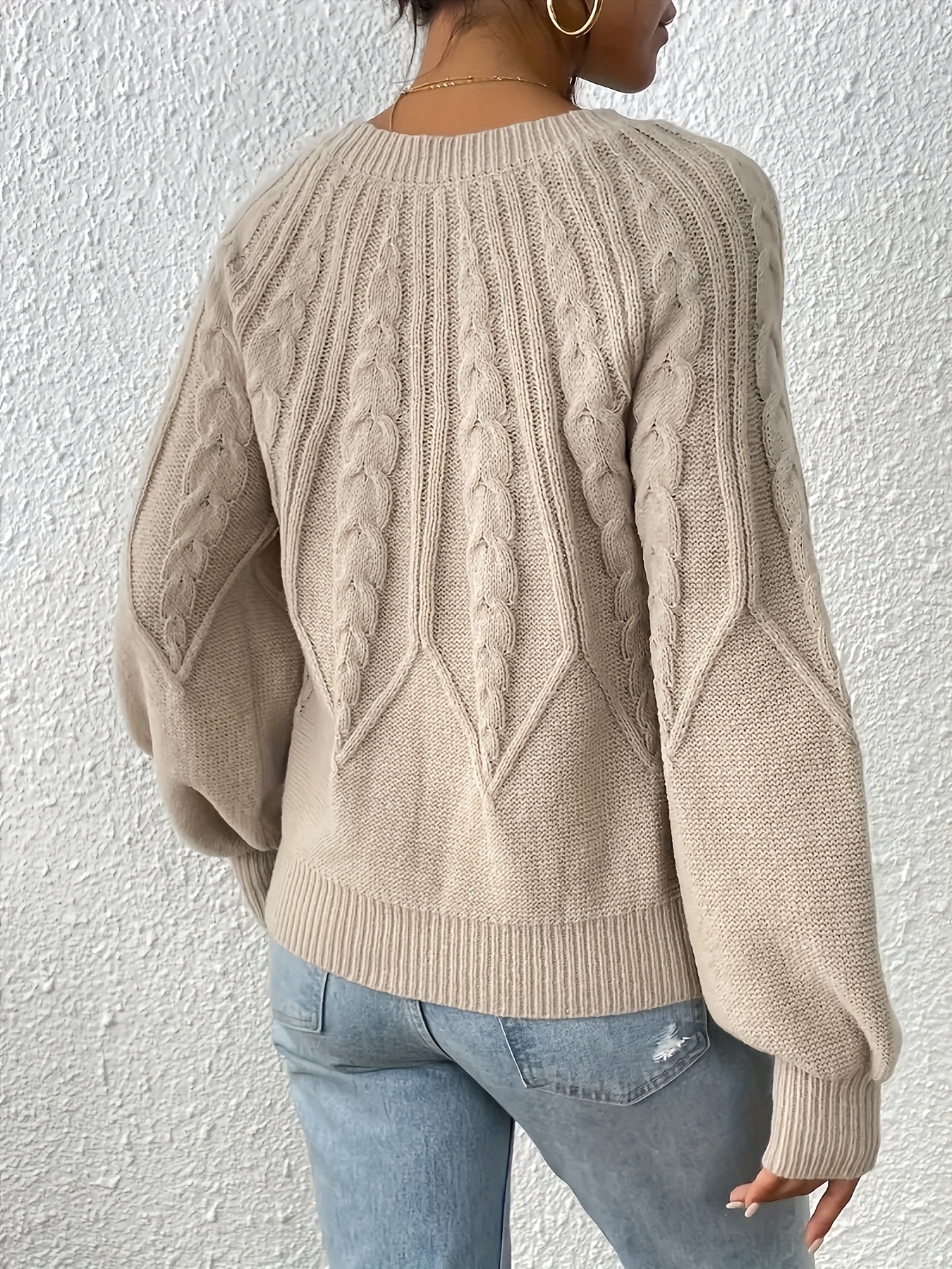 cable knit crew neck sweater elegant lantern sleeve knitted top for   womens clothing details 42