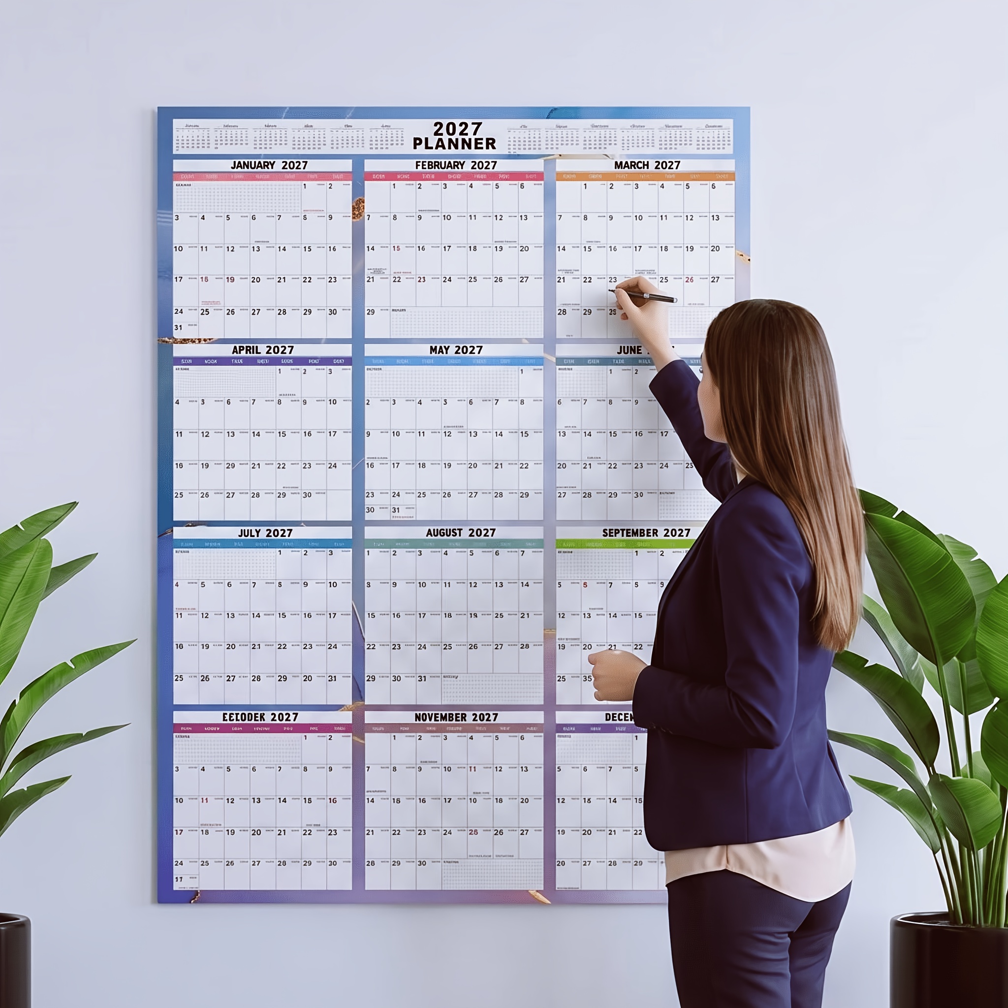 TEMU 2027 New Extra-large Dry Erase Wall-mounted Calendar, Double-sided Horizontal/vertical Coating, 12 Colored Borders, 48 X 32 Inches, Suitable For