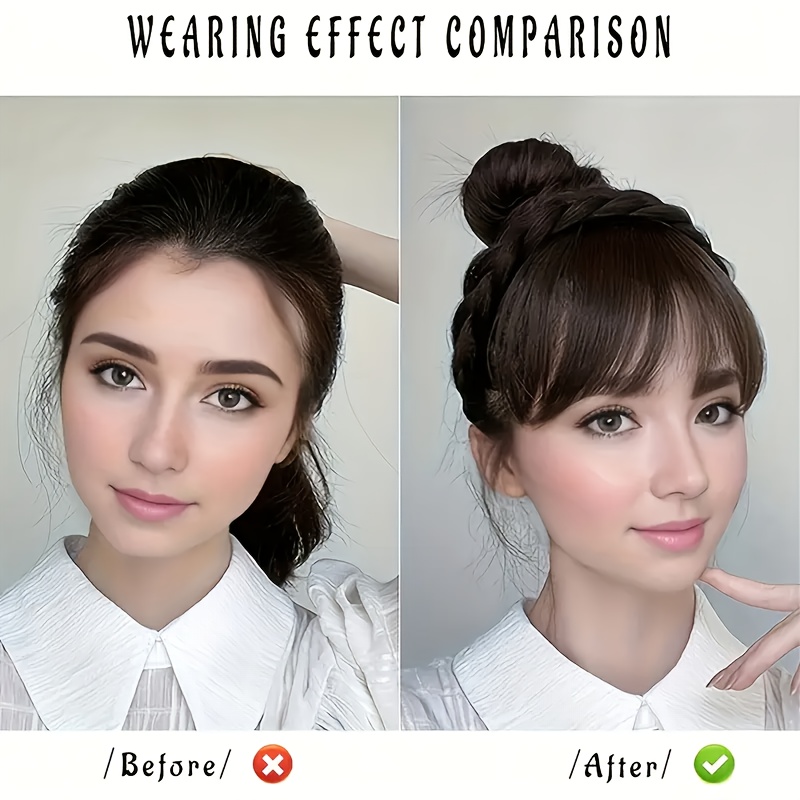 1pc elegant women s clip in synthetic bangs with double braid design lightweight versatile hairpiece for all hairstyles   daily wear and special occasions sleek black bangs accessory details 2