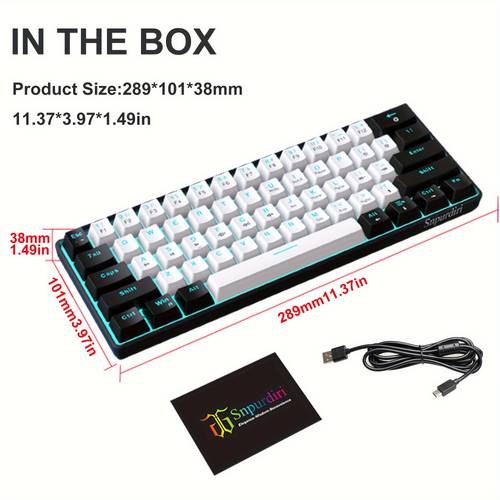 compact 61 key wired mechanical gaming keyboard with usb powered red switches pc typists travel friendly black white layout adjustable lighting effects