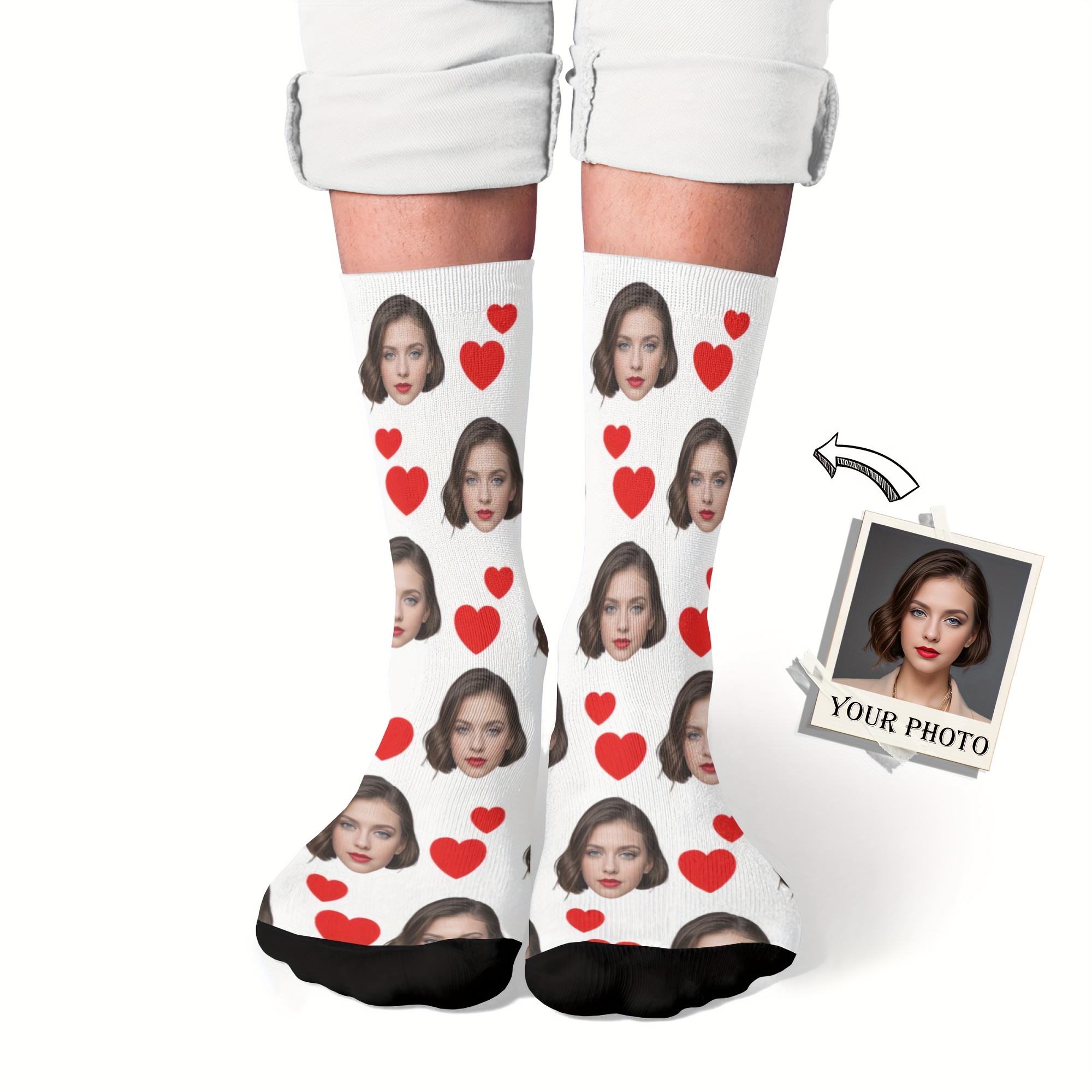 

1 Pair Of Men's Knitted Funny Face Pattern Crew Socks Support Personal Photo Customization, Comfy & Breathable Elastic Socks, For Gifts, Parties And Daily Wearing