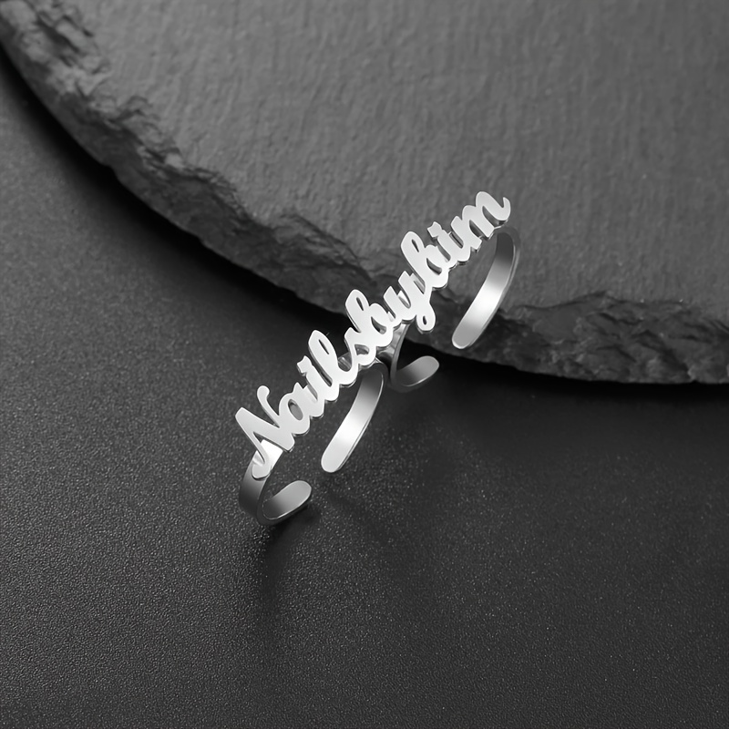 TEMU Custom Women' Ring Name Charm Open Adjustable Personalized Multi-ring Stainless Letter Couple Wedding Ring Jewelry Anniversary Valentine's Day