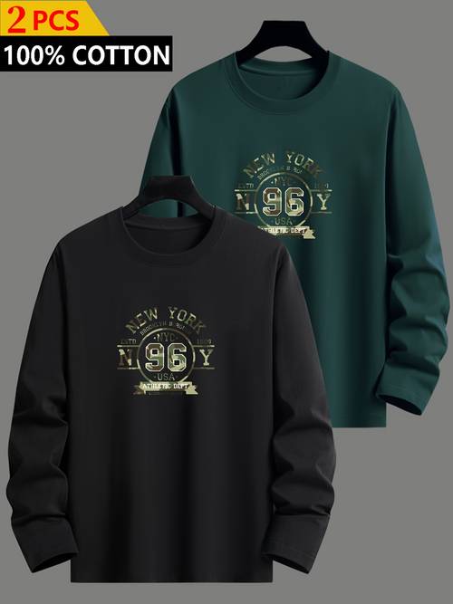 2pcs 100 cotton mens long sleeve t shirt simple and stylish pattern slightly stretchy knitted pure cotton fabric regular fit suitable for spring and autumn daily t shirt washable