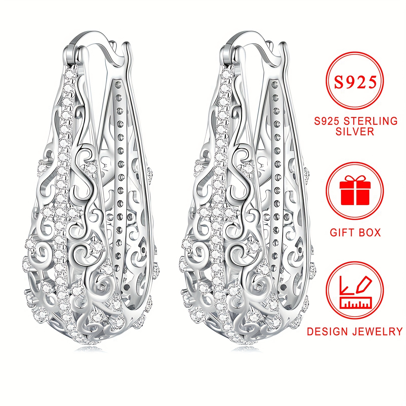 

Elegant Vintage Style 925 Sterling Silver Earrings, Hypoallergenic Plated, Women's Zirconia Floral Pattern, Luxurious Fashion Jewelry Gift, Pair With Gift Box