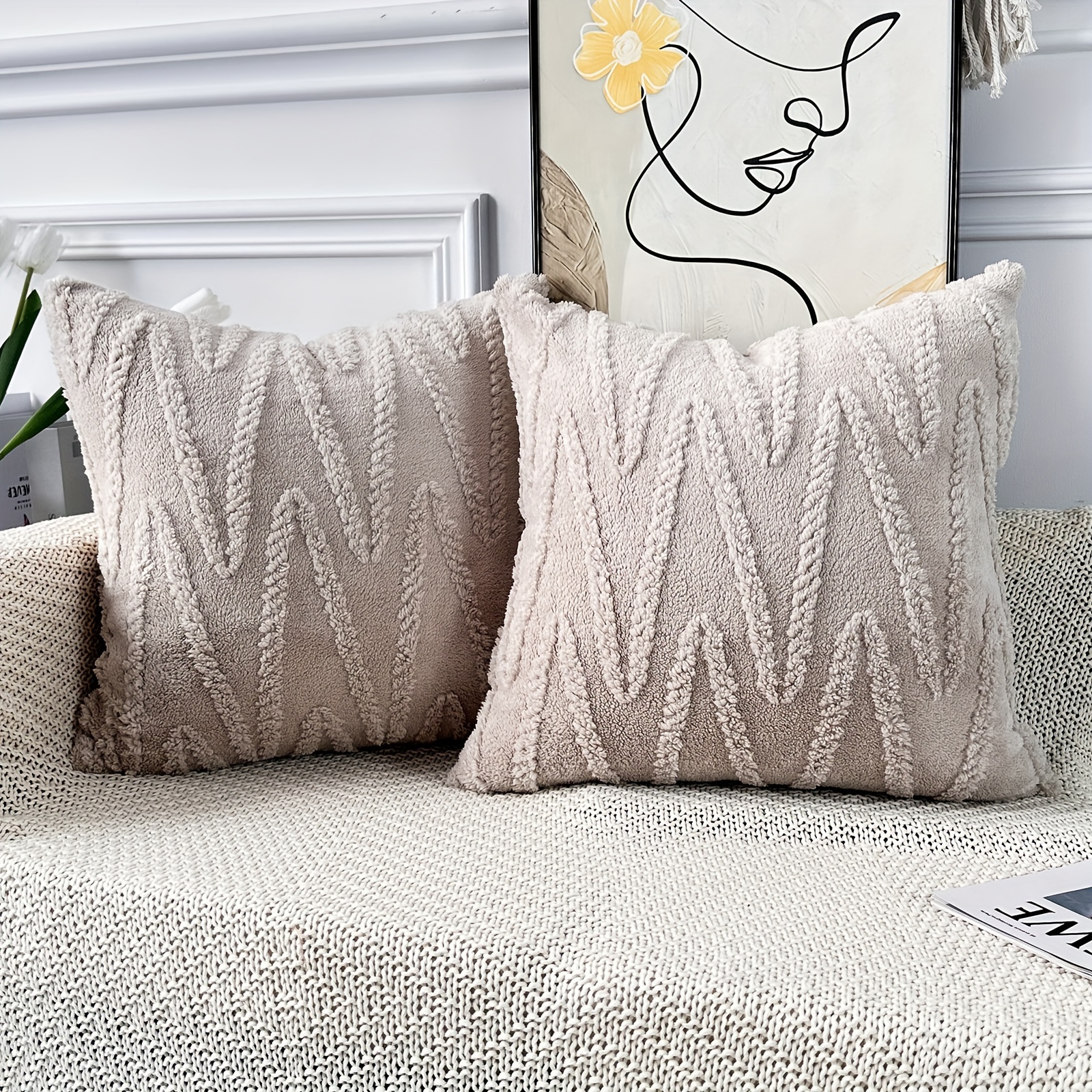 Beige Fuzzy Grey Pillows 2pcs, Decorative Wool White Throw Pillow