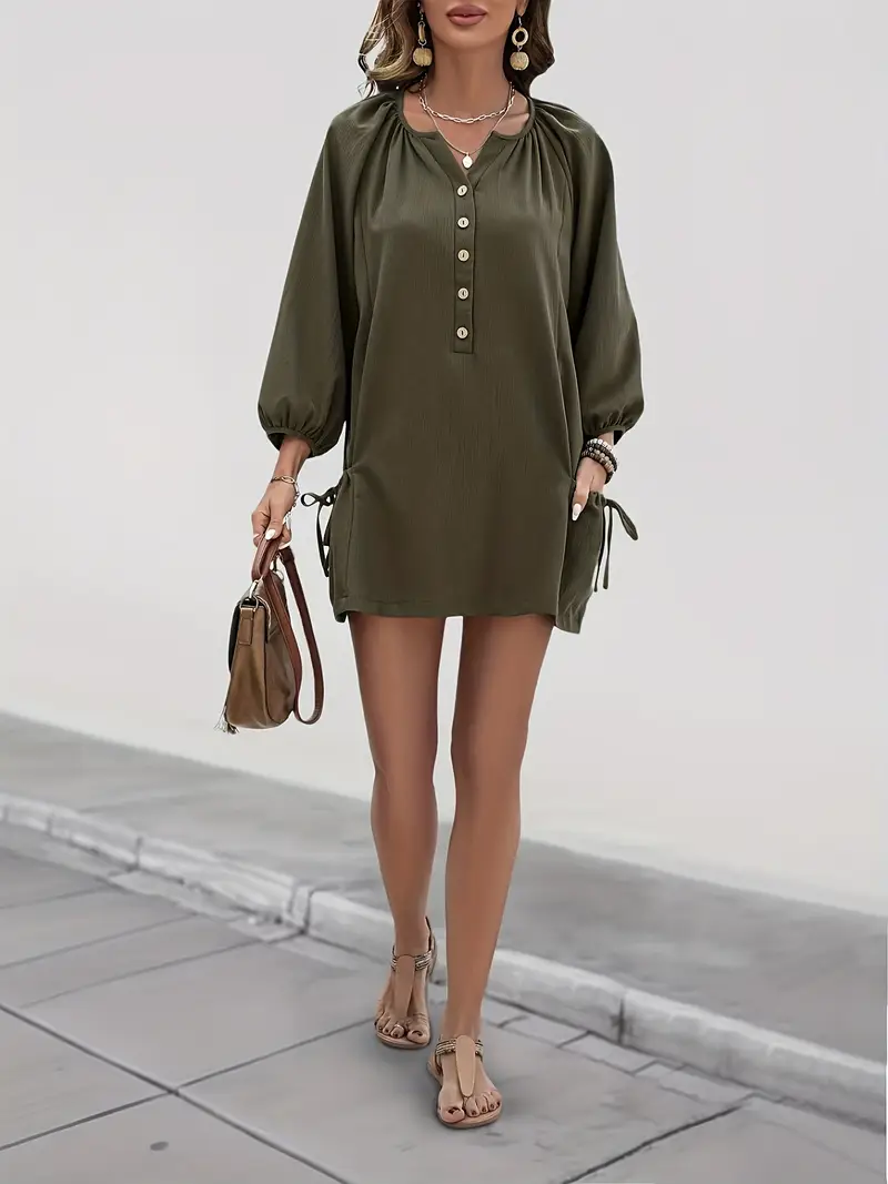 olive green tunic dress SHEIN Tall CURVE Plus Size Women French Style Casual V-Neck Short Sleeve Summer Army Green Dress, Boho Vacation Olive Green Tunic Dress, Collared Countryside Day