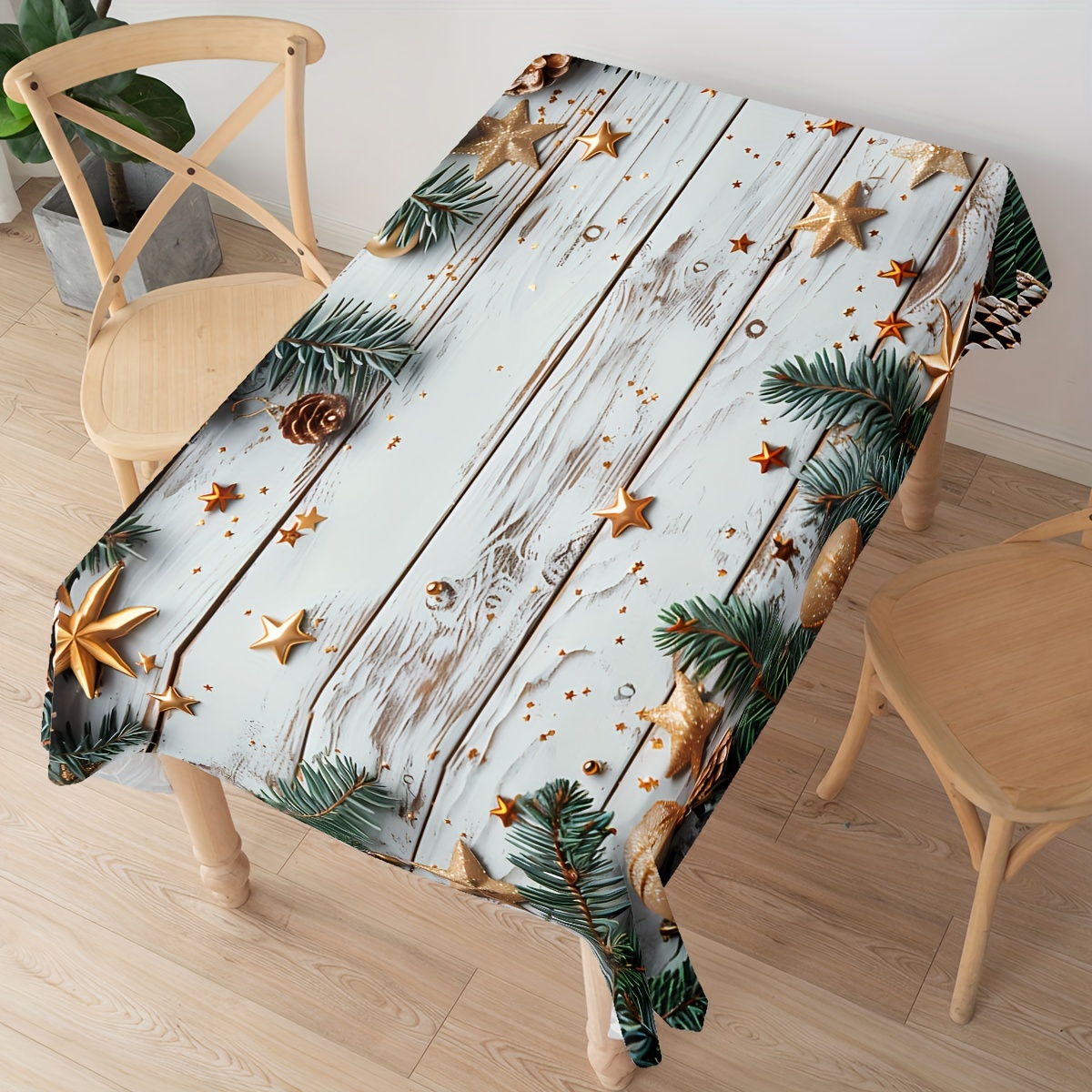 

Christmas Tablecloth: Digital Printed With Pine Trees, Stars, Cones, And Ornaments - Waterproof, Stain Resistant, Wrinkle Resistant, And Machine Washable