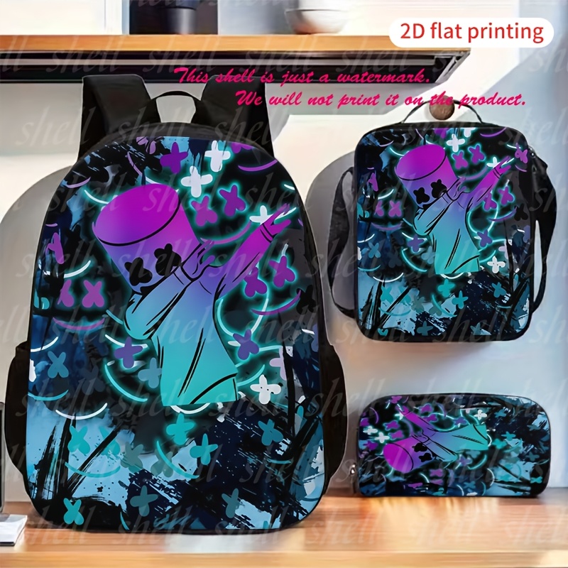 TEMU Ensemble 3 pièces à imprimé motif guimauve cyber, impression 2D à plat, un sac à dos grande , une trousse à crayons et un sac bandoulière zippé