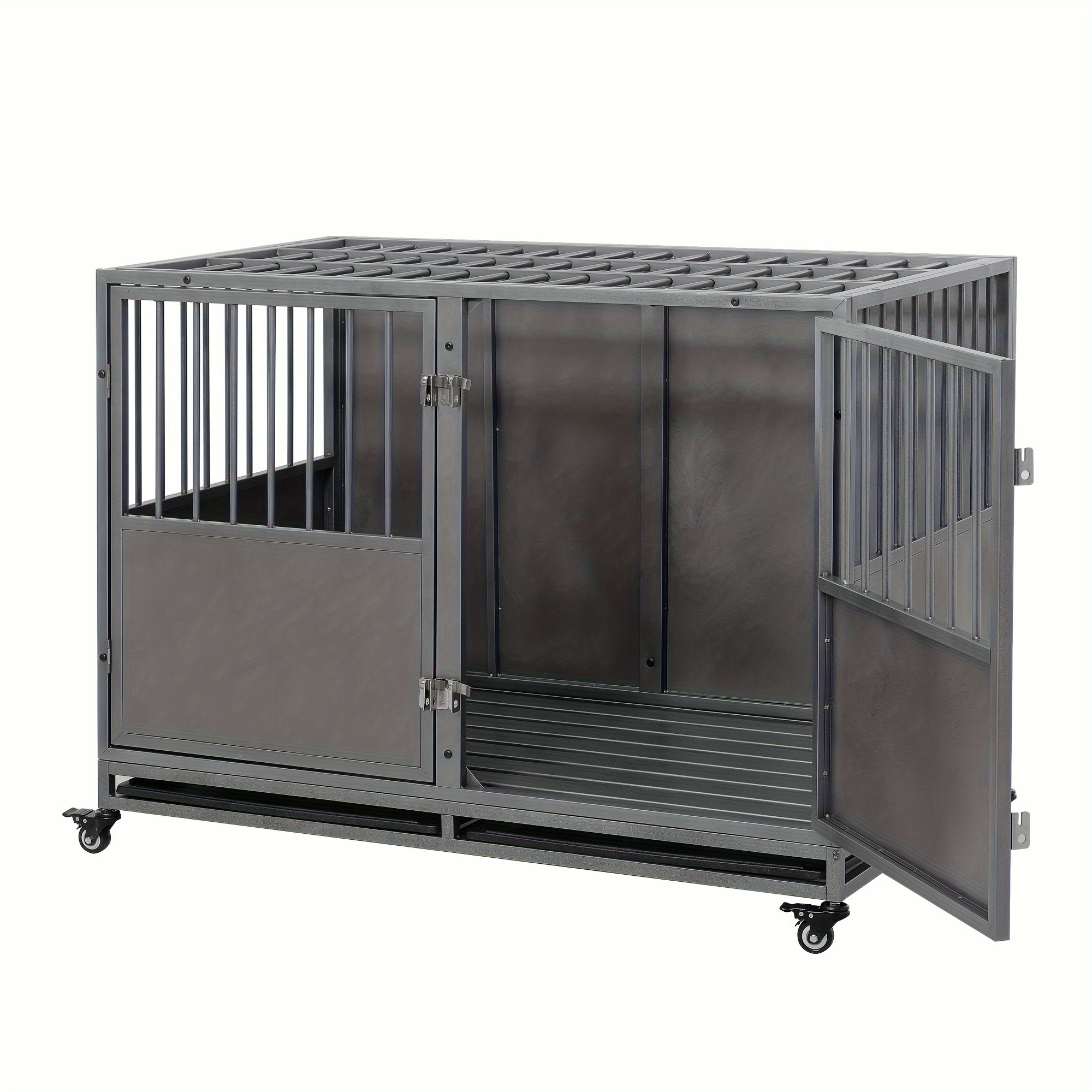 

Heavy Duty Metal Dog Crate, 48 Inches, Double Door With Divider, Lockable Wheels, Large Dogs Kennel, Indoor And Outdoor Use, Chew-proof, Easy To Clean