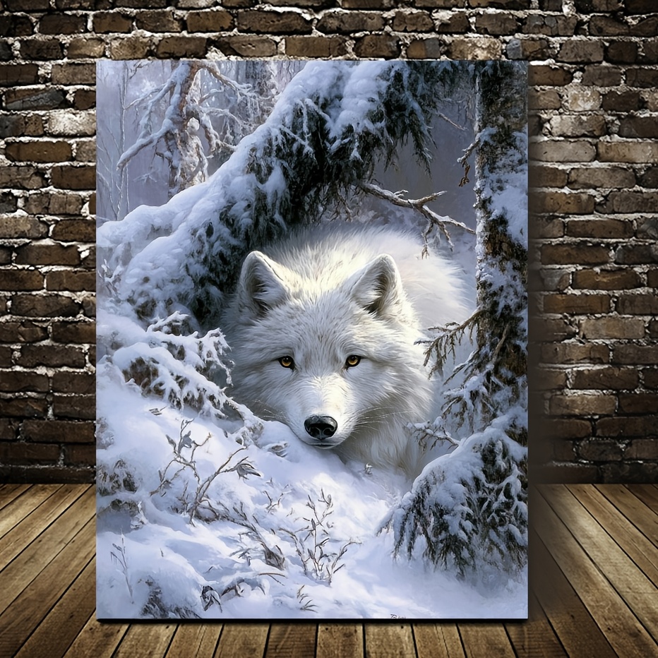 TEMU 1pc Winter Wolf White Wolf & Canvas Wall Art - Wolf With Log Frame, Pre-drilled Holes For Easy Hanging, Nature-themed Décor For Home, Office,
