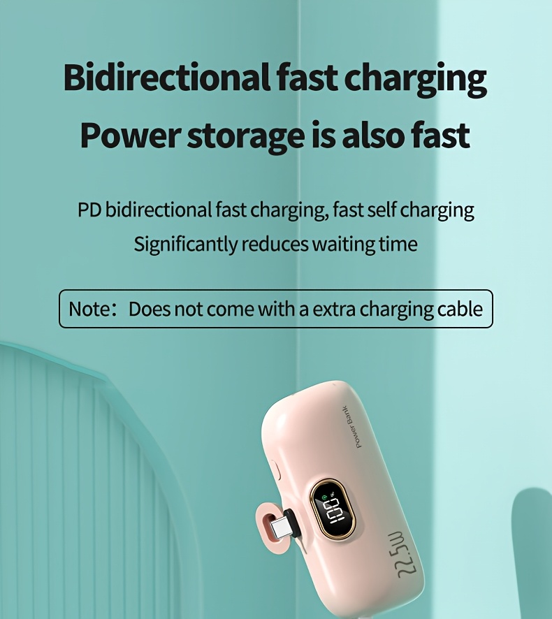 迷你便携充电宝5000毫安，带led电量显示，体积小巧容量大，22.5w超级快充，内置type-c接口，轻便易携，适用于三星/小米/ 等手机，应急备用电源, 旅行充电器,轻量化充电器,时尚移动电源,可靠的移动电源,usb-c 充电器,户外爱好者,科技爱好者 商品详情 13