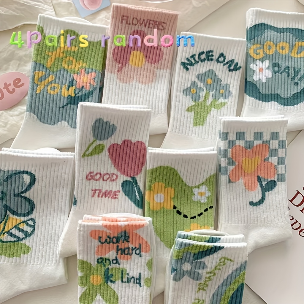 E-shop 4 Paar Zufällige Damen Bequeme Modische Casual Blumenmuster Trendige Wadenhohe Socken