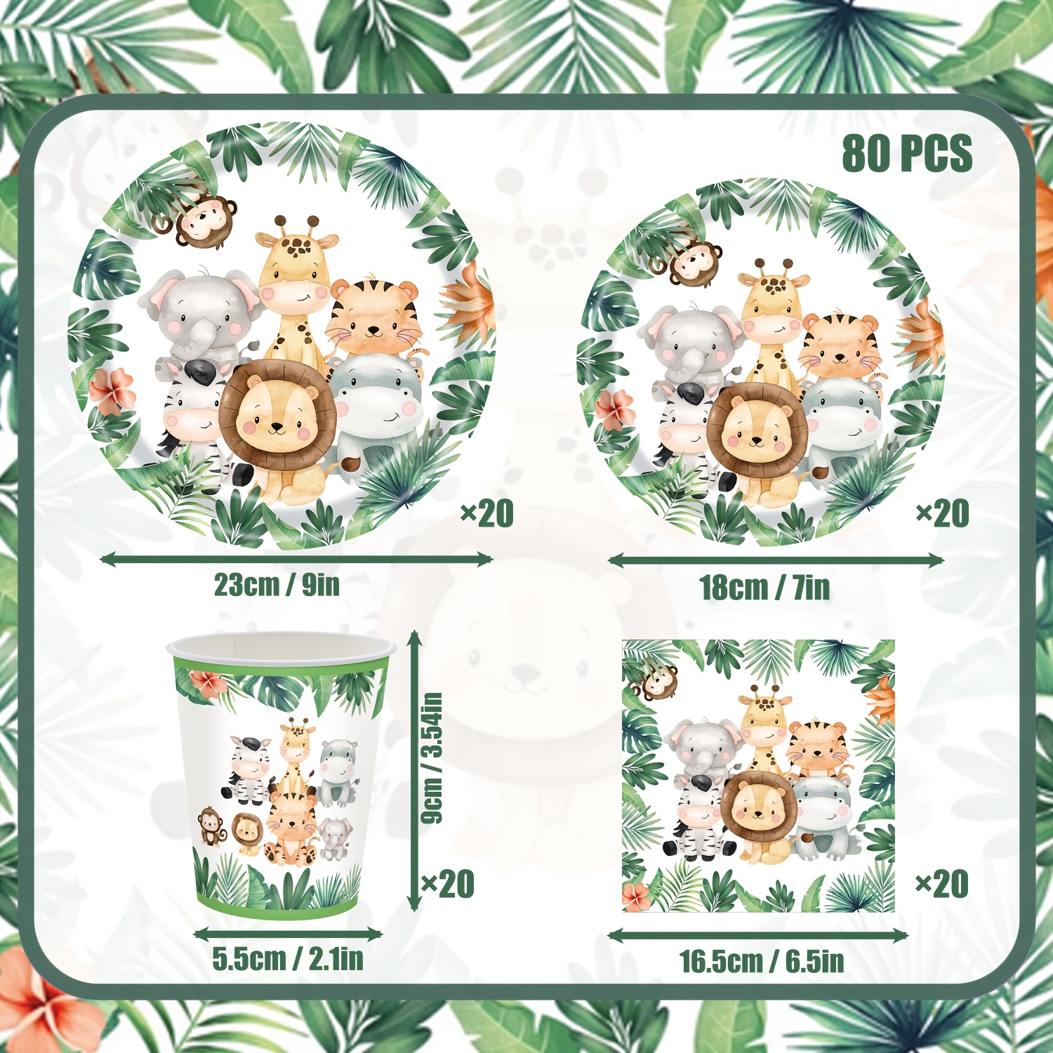 TEMU Ensemble de vaisselle en papier 80 pièces 300GSM Animaux de , parfait pour votre fête | Thème Lion Éléphant Zoo Forêt | Assiettes dessert