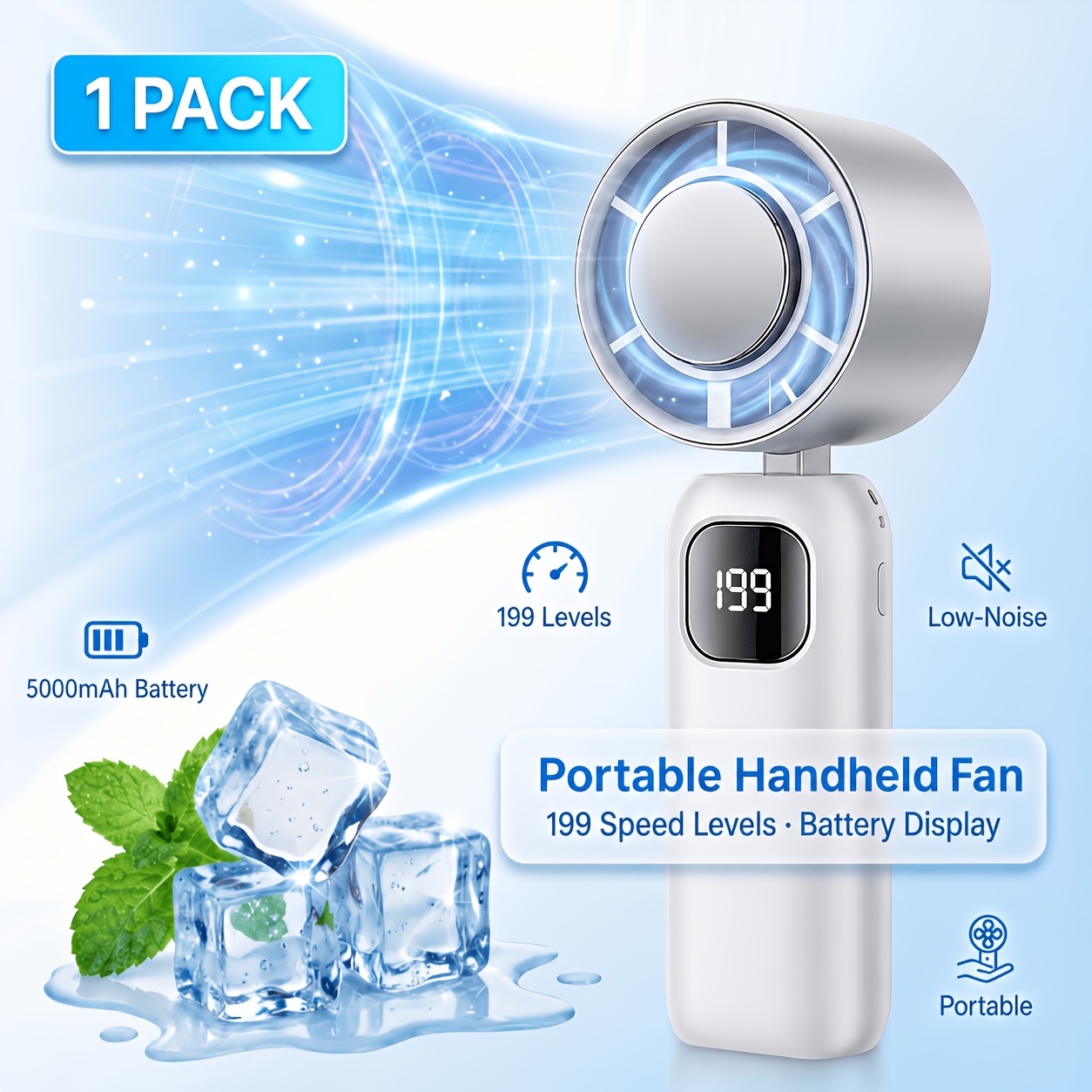 TEMU 2026 Portable Handheld Fan, Usb Rechargeable Mini Personal Fan With Adjustable Speed, Digital Display, Neck Lanyard And Timer Function,