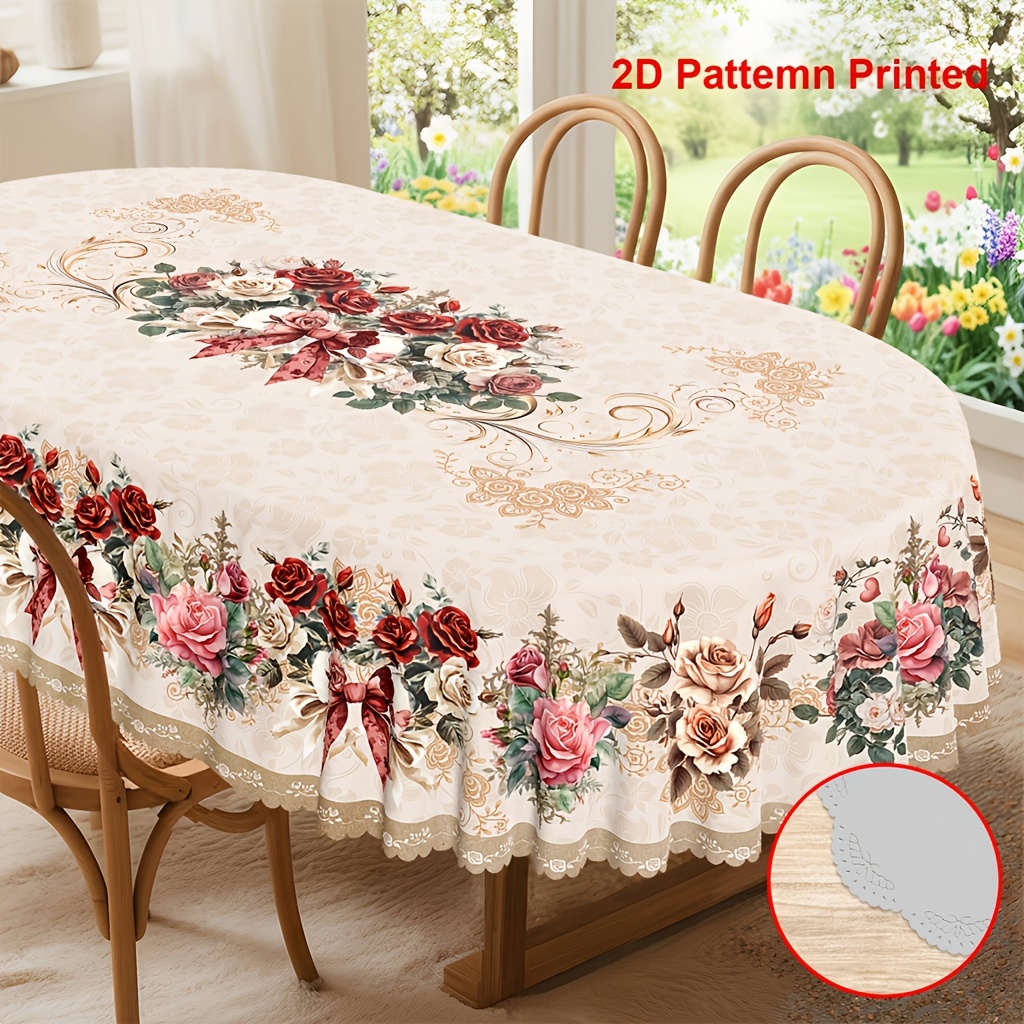 TEMU 1pc 2d Flat Tablecloth Themed For Valentine's Day And Mother's Day, Featuring A Vintage Spring And Summer Design With Bows And Rose Floral