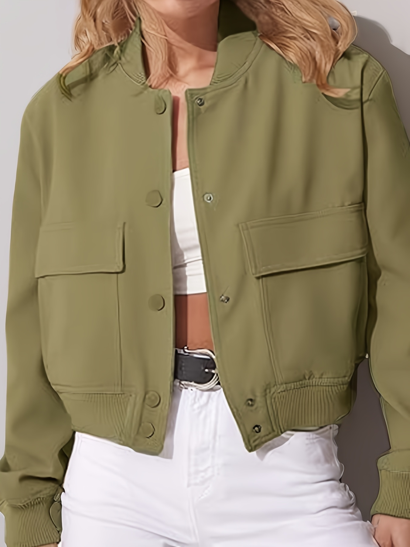womens cropped jacket olive green button front coat season Temu