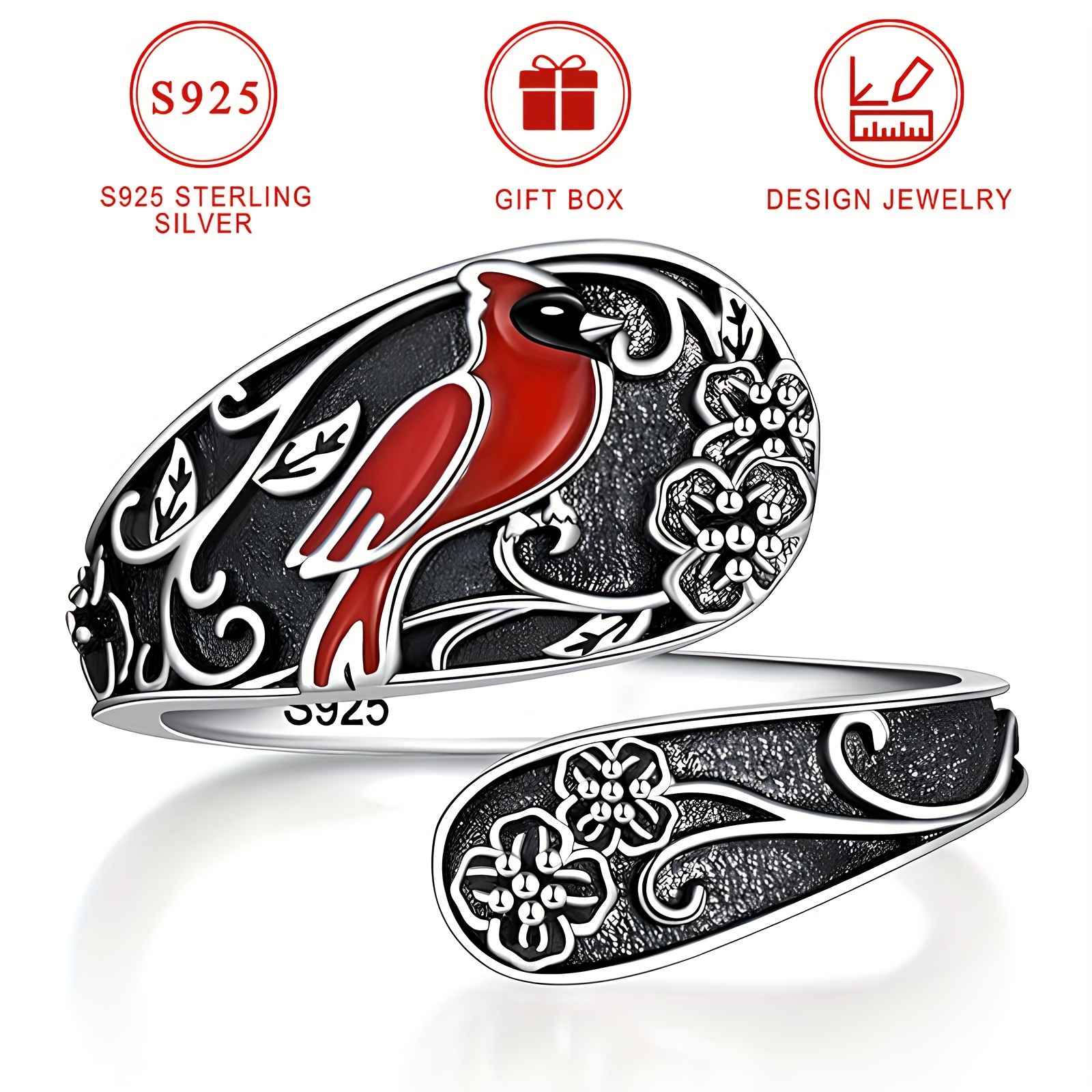 

S925 Sterling Silver Bypass Ring, Vintage Red & Poppy Flower Design Elegant Retro Open Ring Jewelry Gifts For Women With Gift Box