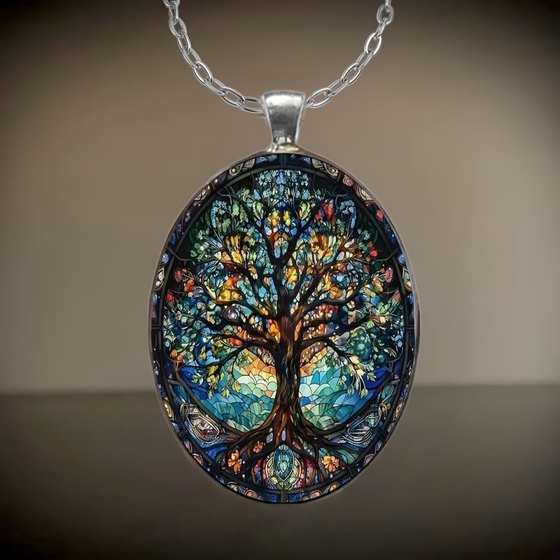 

1pc Fashionable And Elegant Tree Of Oval Glass Necklace Romantic Gift Jewelry