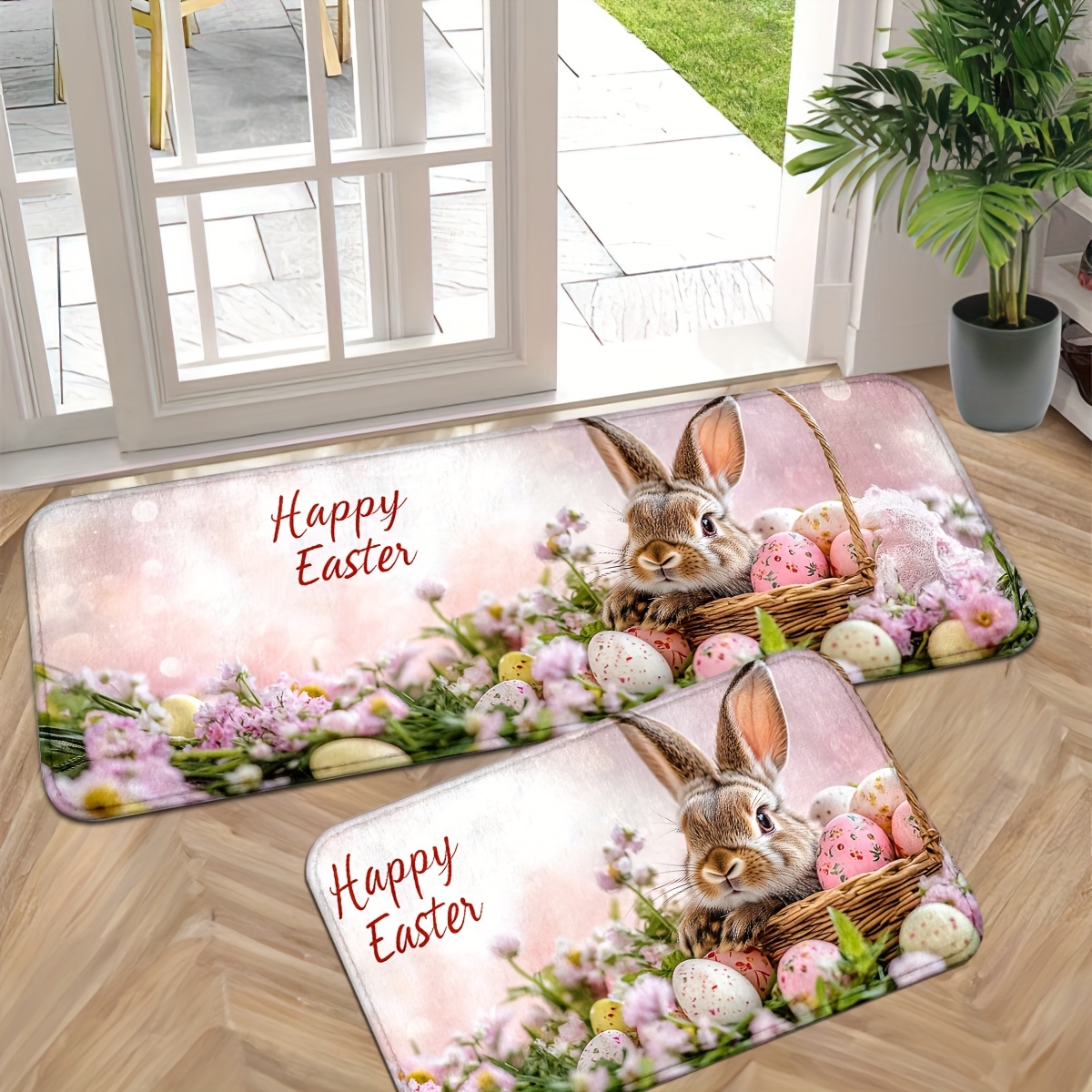 

Happy Bunny Wildflowers Rabbit Floral Door Mats Indoor Entrance Rugs Spring Easter Decor Indoor Door Rugs For Entryway Non Slip Washable Thicken Kitchen Mats Bathroom Rugs