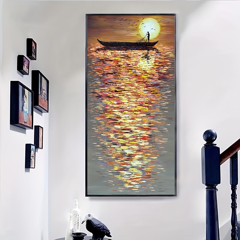 

50x100cm Abstract Art Fisherman Sunset Sea Scenery Canvas Painting Vertical Canvas Oil For Living Room Corridor Wall Decoration Painting For Entrance Home Decorative Painting