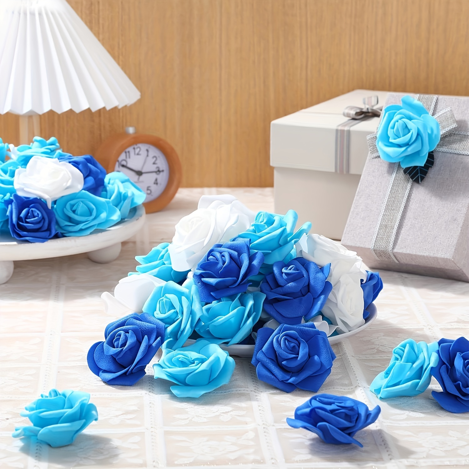 

50pcs Blue Artificial Rose Heads - Diy Wedding Decor, Bridal Showers & Party Centerpieces