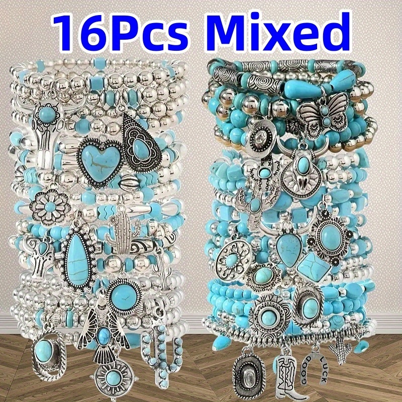 TEMU 16pcs Stylish Synthetic Turquoise Bracelets Set With Cactus Hat Charm, Suit For Casual Attire Holiday Parties, Gift For