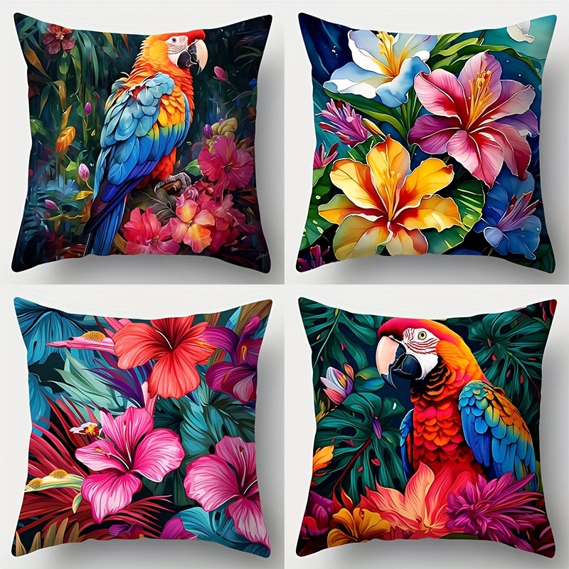

4-piece Set Colorful Parrot & Flower Print Cushion Covers - Vibrant Decorative Pillowcases For Sofa And Bedroom, Single-side Print, Zip Closure, Polyester, Hand Wash Only (cushions Not Included)