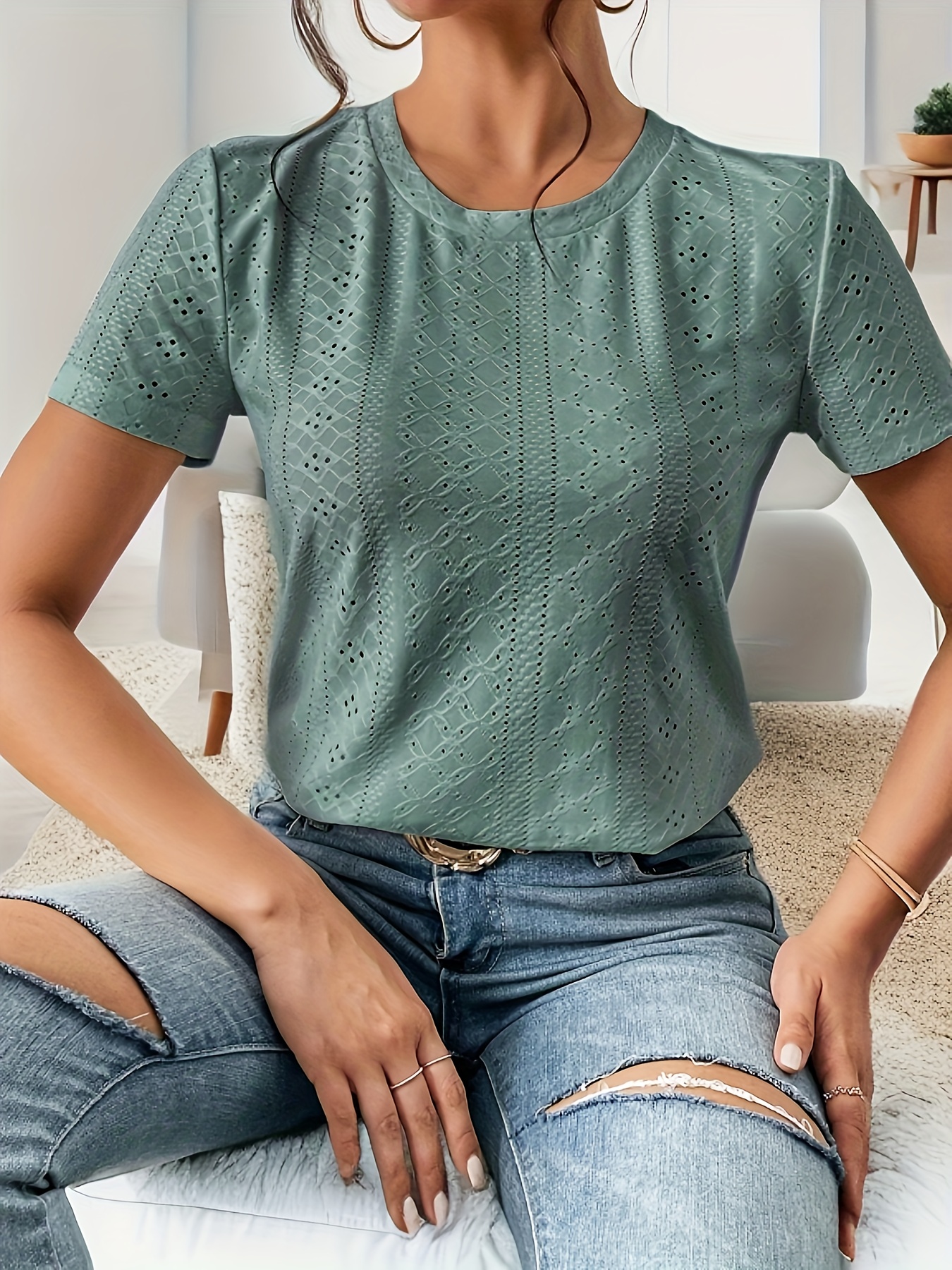 Eyelet Crew Neck T-Shirt, Casual Short Sleeve Top For Spring & Summer, Women's Clothing
