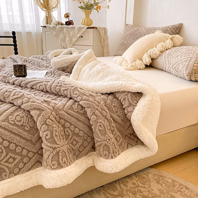 1pc luxury european cut jacquard lamb fleece thick double layer blanket warm non slip geometric pattern machine washable polyester for bedroom autumn decor accessory plush Product details 4