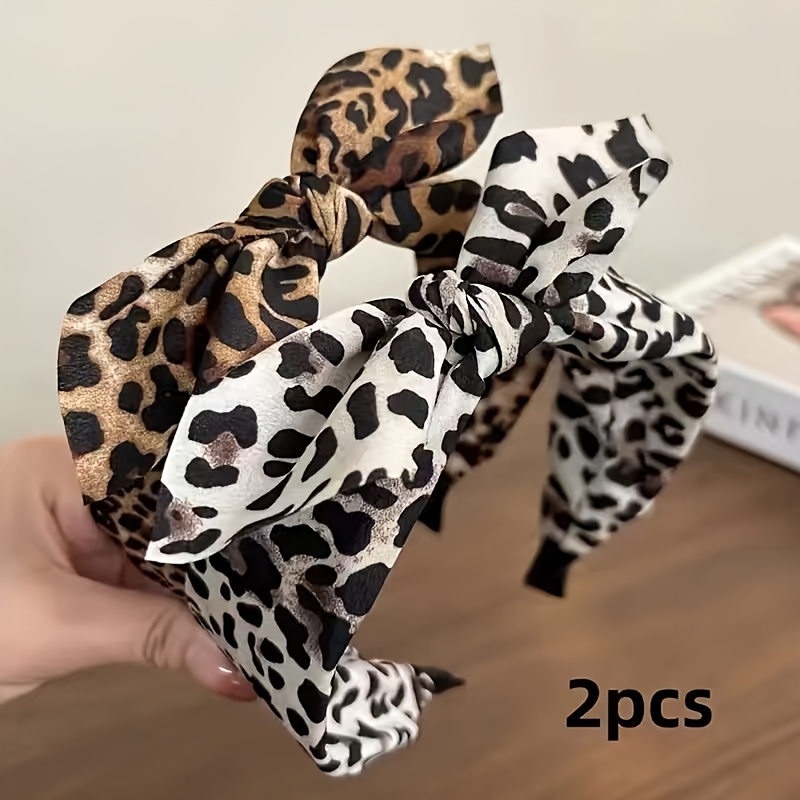 Image of 2pcs/1pc New Leopard Print Bow Knot Headband, Elegant Plastic Hair Hoop With Bunny Ears, Face Washing Headband, Hair Clip, Hair Accessory, Headband
