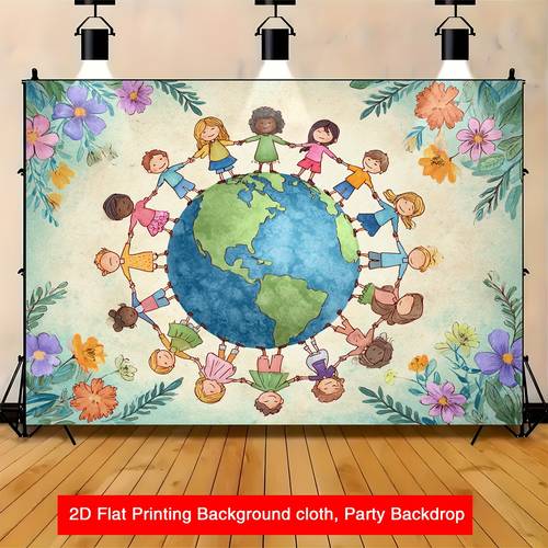 item picture 2d flat 2d map 1pc with diverse children holding hands multicultural classroom and party backdrop vibrant colors suitable for teacher appreciation week earth day of friendship classroom decor colorful