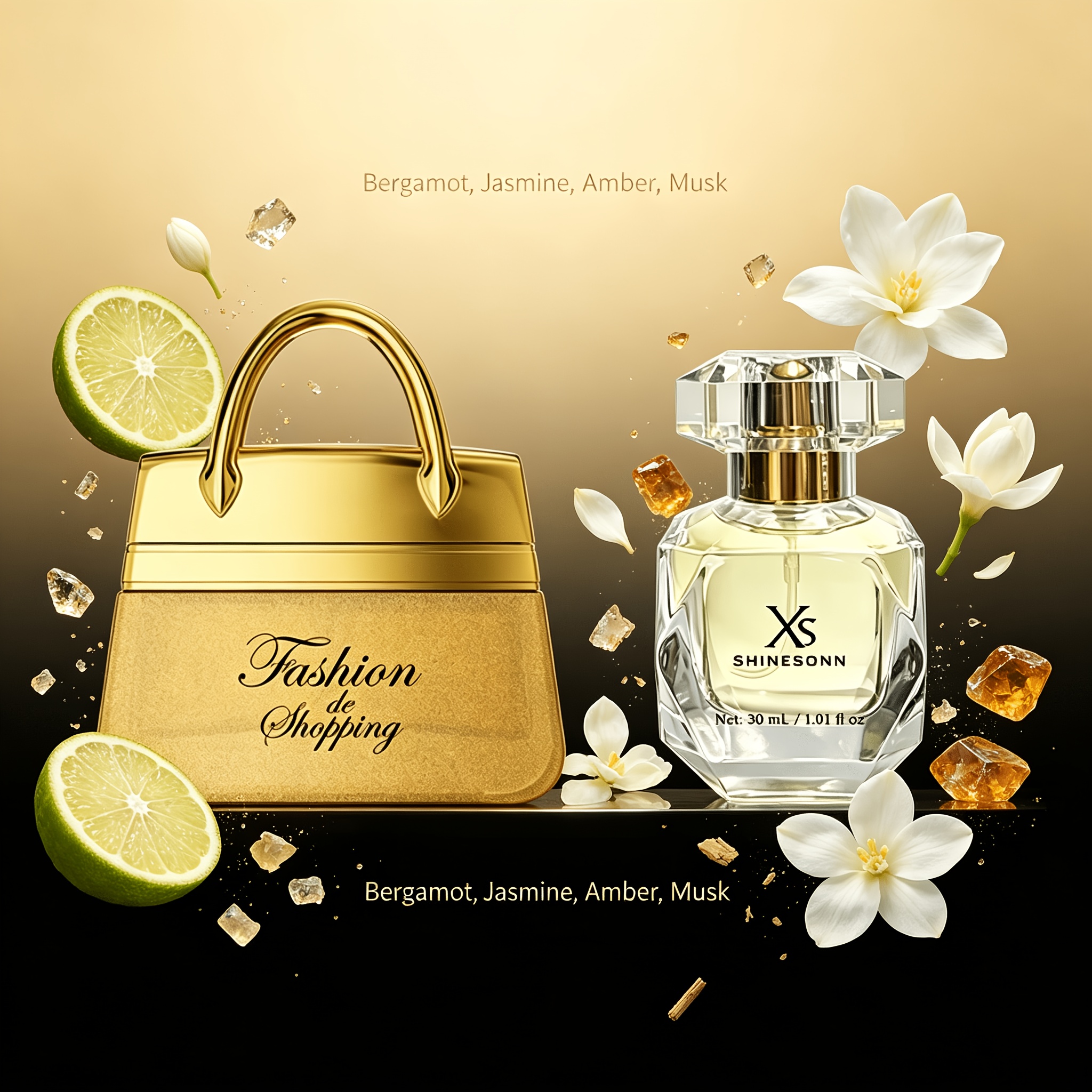 Image of 2pcs Perfume Set, Eau De Toilette, Golden Handbag Floral Oriental Orange & Diamond Floral Jasmine Rose, Evening Daily Wear, Gift For Girlfriend And Bestie, Long-lasting Scent For Women