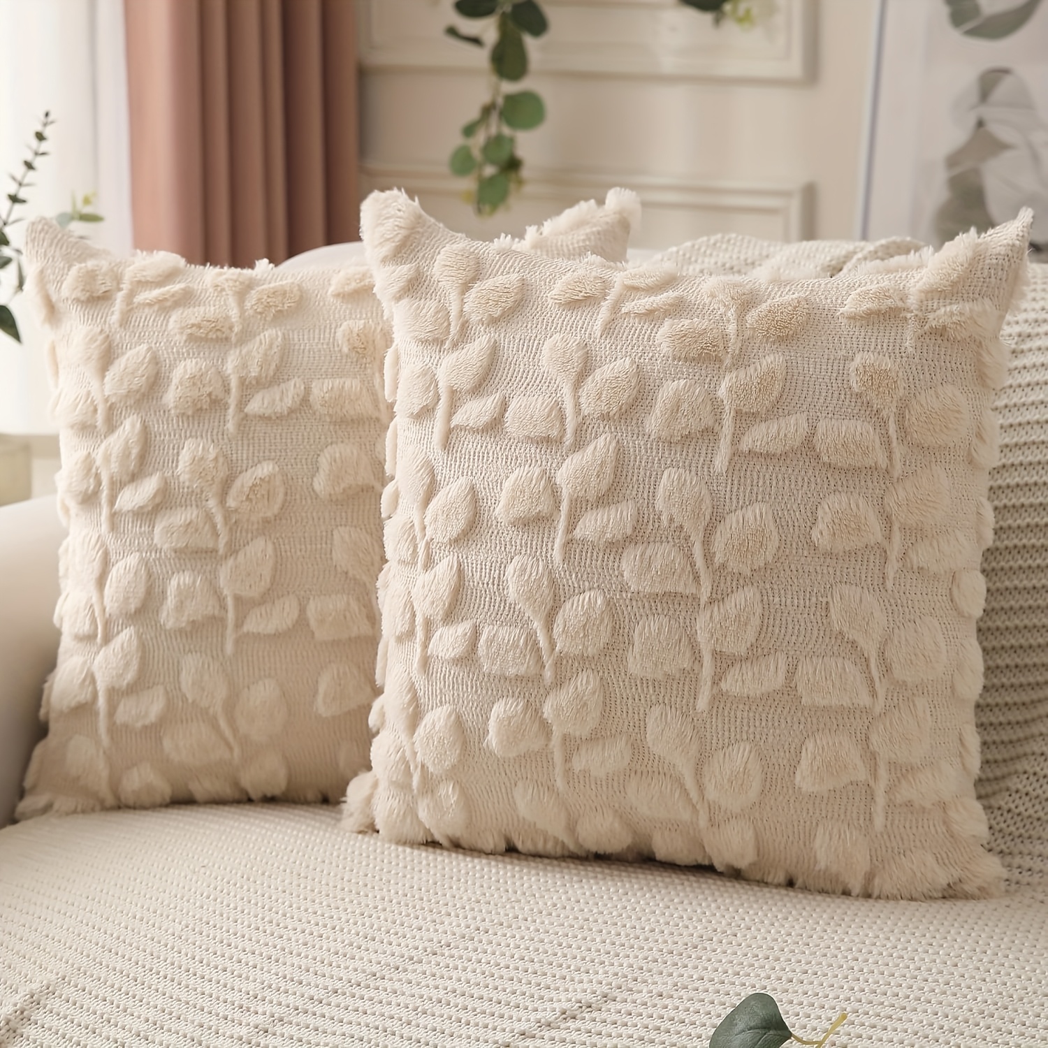 E-shop Set mit 2 Blatt-Kissenbezügen, 18X18 Zoll, Cottage-Deko Weiß Eukalyptus Kunsthaar Plüsch Jacquard Kissenbezug, Schlafzimmer Sofa Kissenbezug