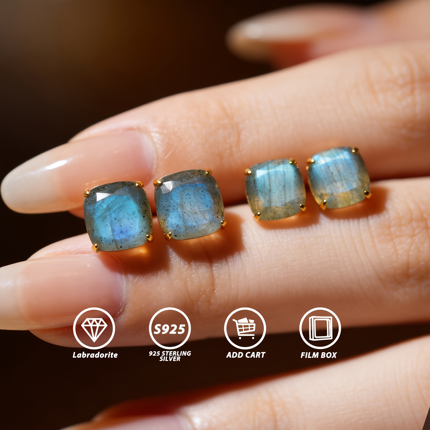 Natural S925 Silver Cushion Cut Stud Earrings, Aurora Halo