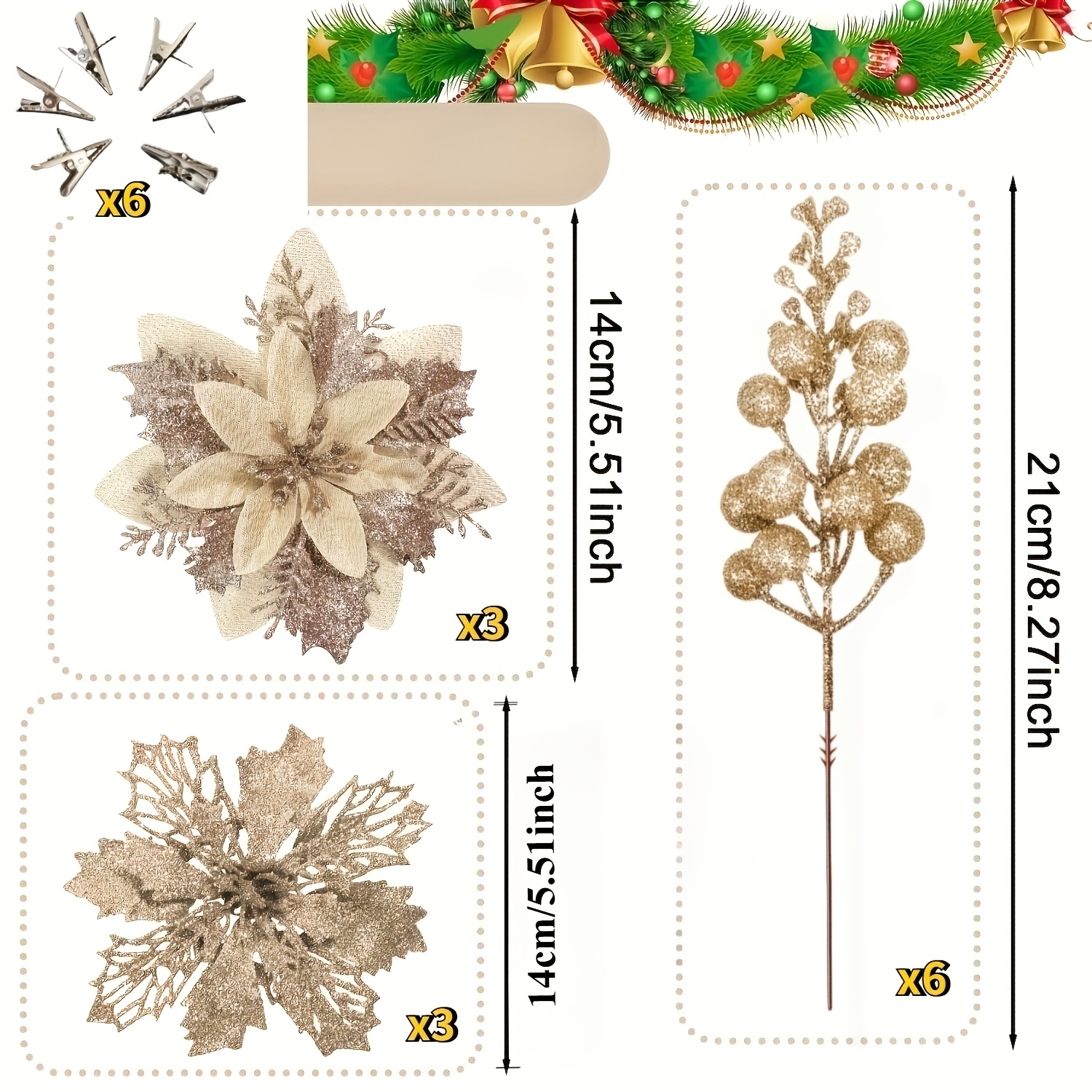 TEMU Set di decorazioni natalizie color con 12 fiori e 6 clip, rami di glitterate artificiali e ornamenti di , per decorare albero di Natale, casa,