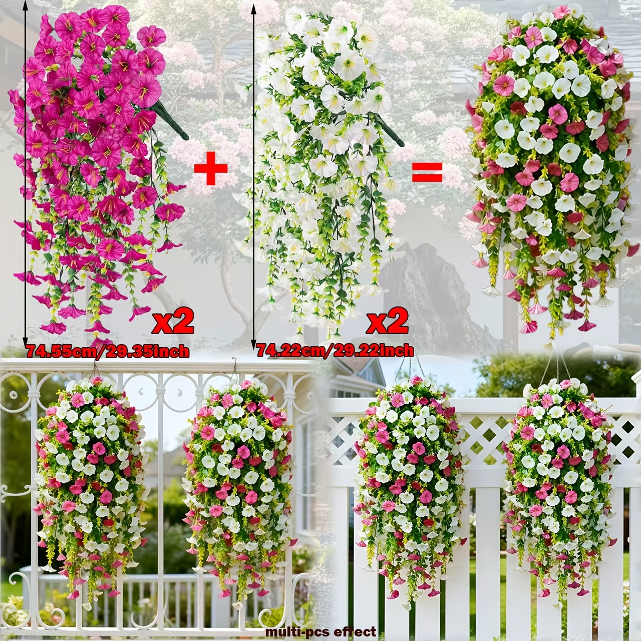 TEMU 4 Large Artificial Red For Lotus & White Hanging Vines, Realistic Plastic Faux Flowers, Maintenance-free, For Home Wedding Garden Porch Decor