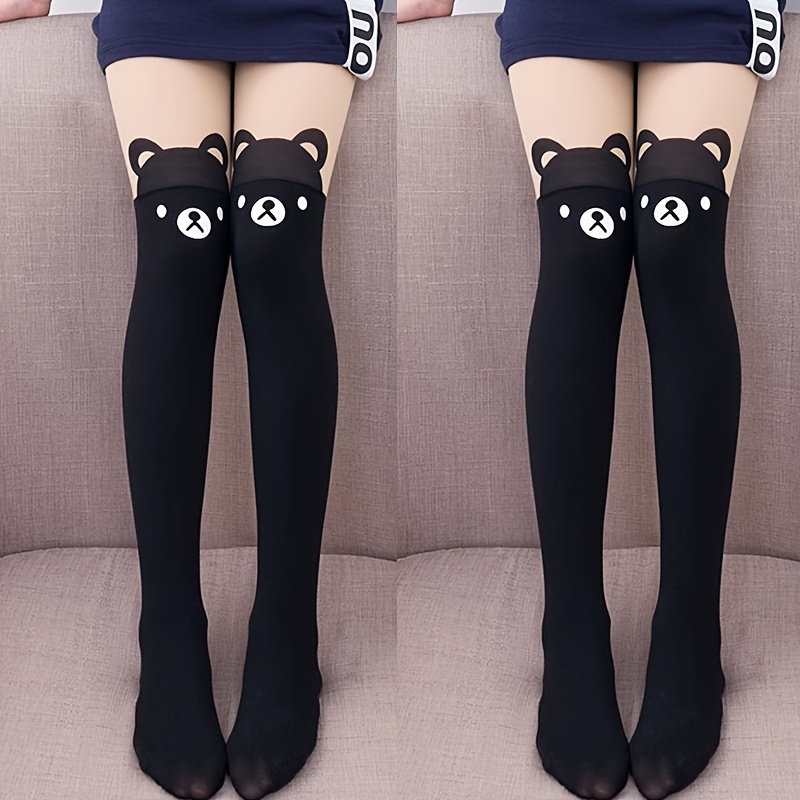 2pcs Girls' Thin Tights, Long Socks With Foot Cover, Bear Cartoon Print, Stretchy Breathable Dance Socks For Spring And Autumn